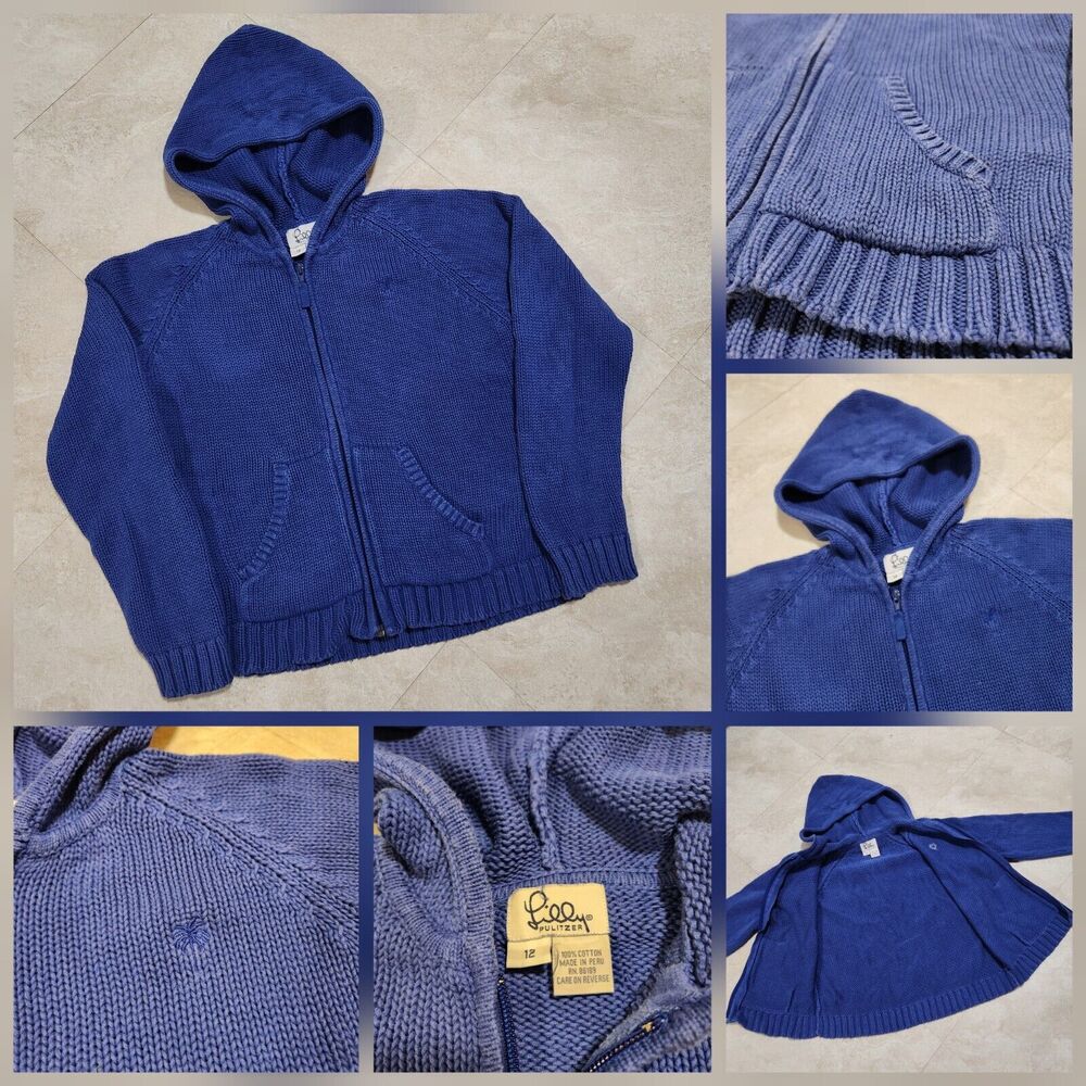 Lilly Pulitzer Girls Youth Size 12 Blue Cotton Knit Full Zip Hooded Sweater